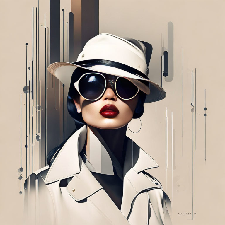 Digital portrait of woman in sunglasses and white hat with abstract geometric background