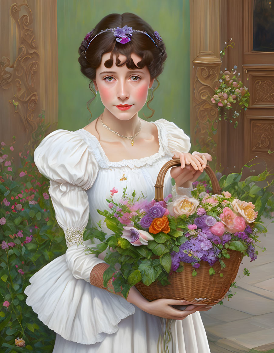 Historical woman with flowers by floral door arrangement