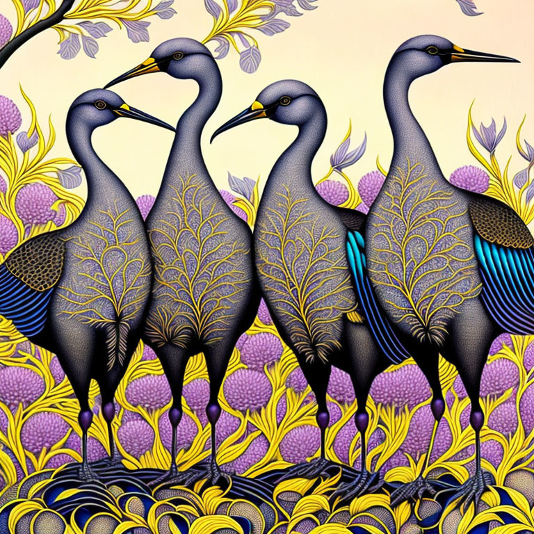 Stylized herons with intricate feather patterns on a floral background