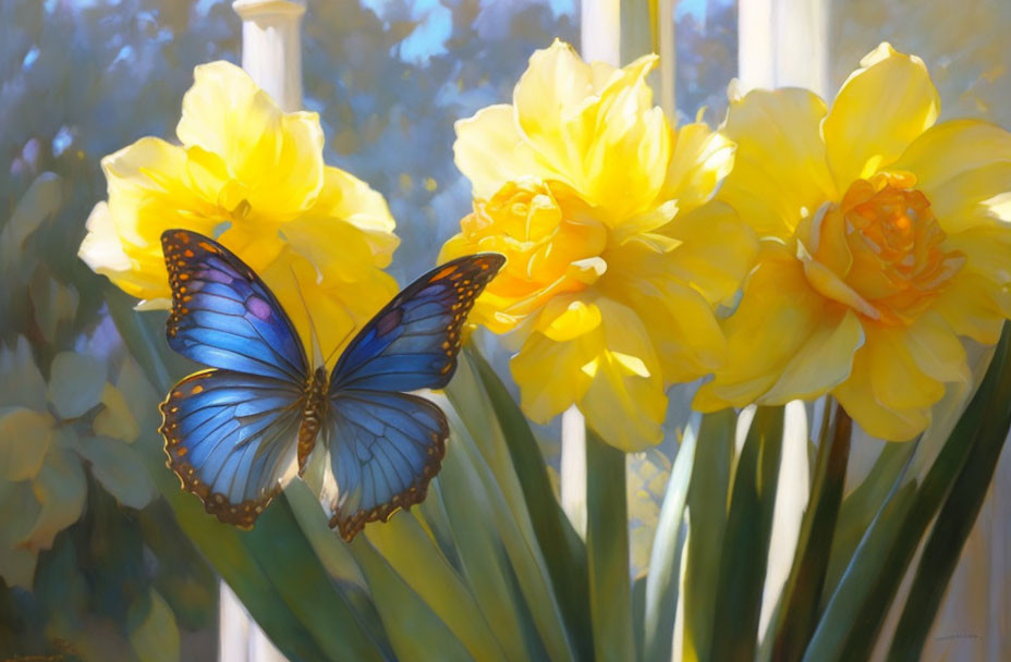 Vibrant daffodils and butterfly on sunny porch railing