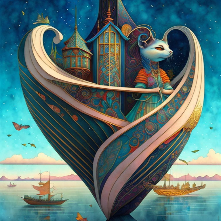 Anthropomorphic mouse on fantasy ship with heart-shaped sails