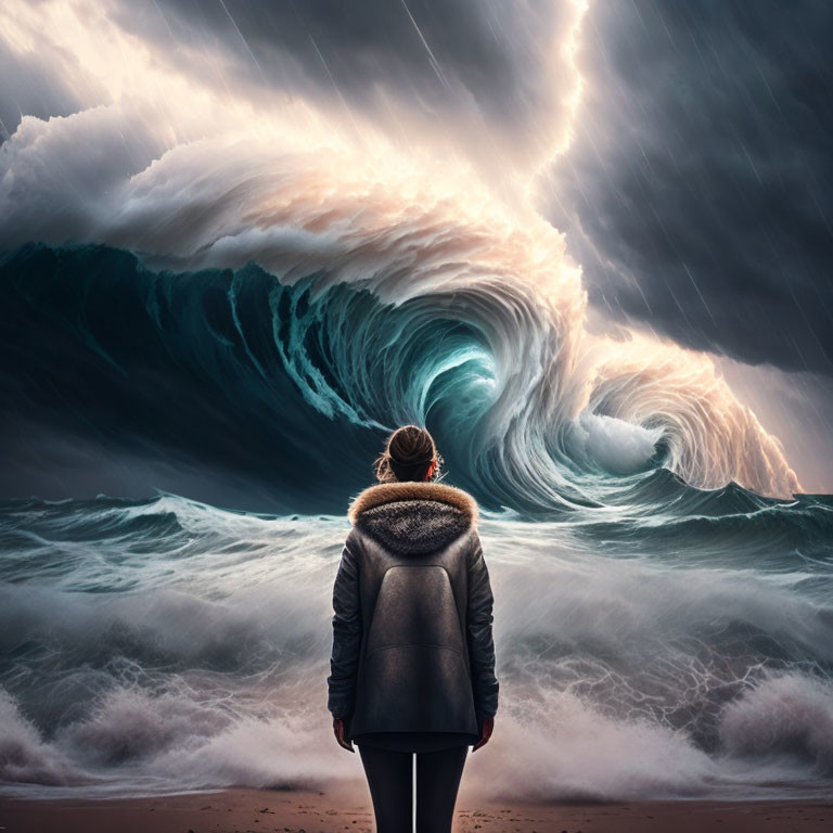 Person facing massive ominous wave under stormy skies in light rain