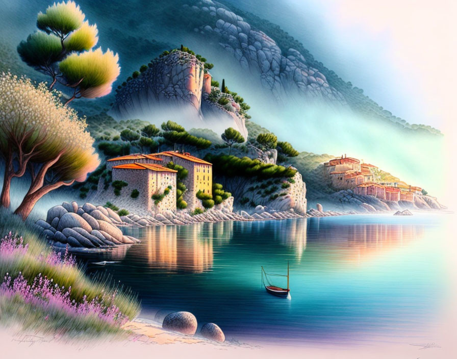 Tranquil coastal landscape with boat, trees, and buildings