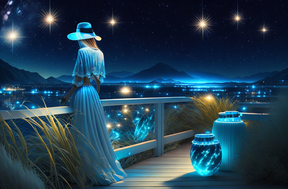 Woman in Blue Dress and Hat on Lakeside Walkway at Night with Starry Sky and Glowing