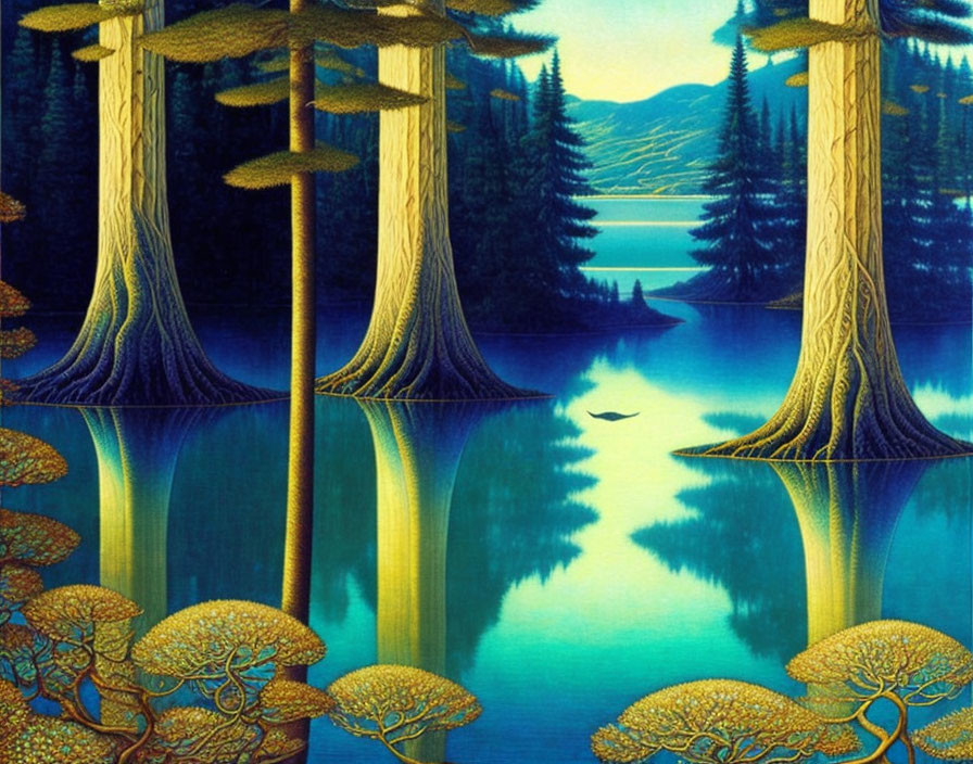 Tranquil landscape with tall surreal trees and reflections in blue water