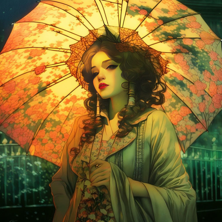 Vintage-style illustration of woman with red lips and curls holding floral parasol in moody green ambiance