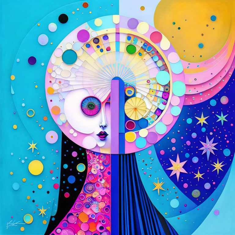 Colorful Abstract Artwork: Stylized Female Figure with Celestial Motifs