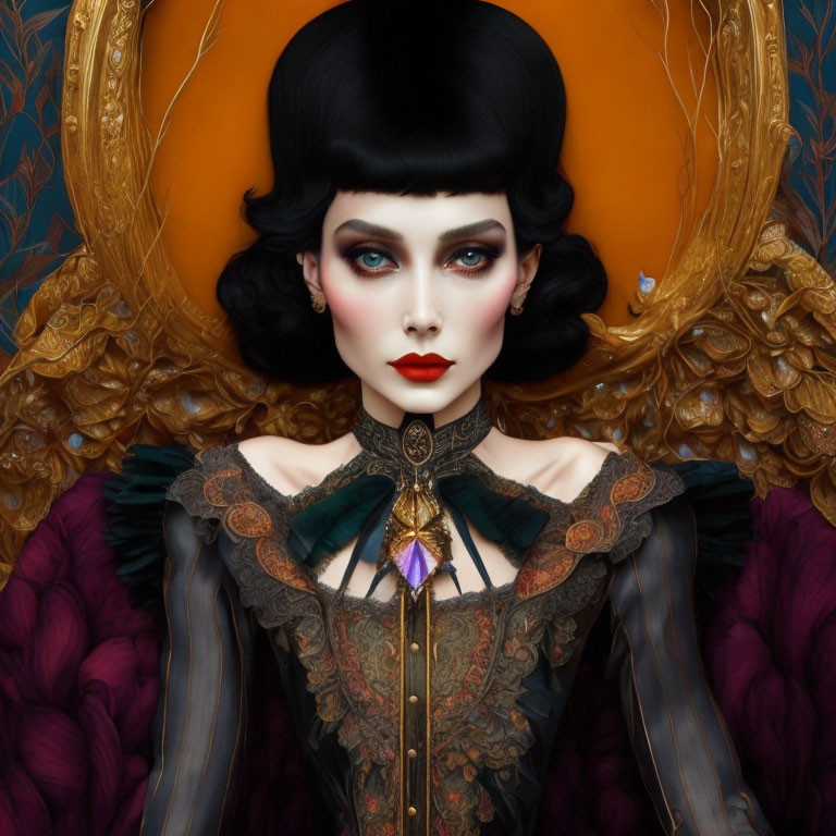 Illustration: Woman with pale skin, vintage bob hair, dramatic makeup, lavish outfit in gold and