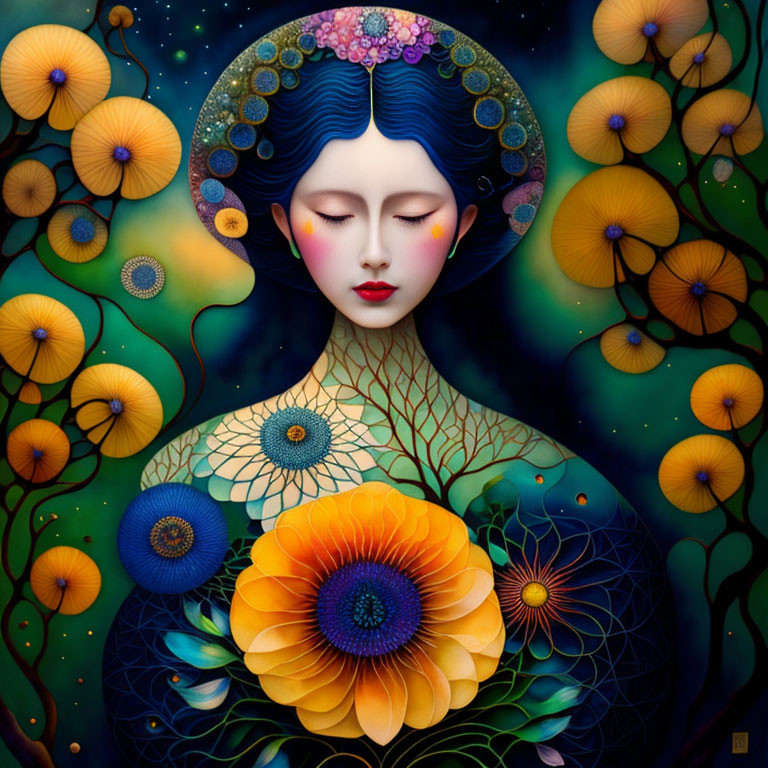 Artistic portrait of woman with blue hair in cosmic setting surrounded by vibrant flowers