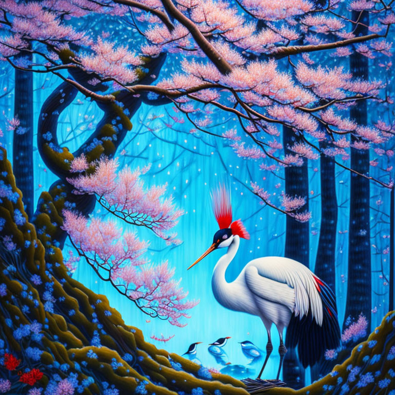 White crane under pink cherry blossoms in blue forest with birds