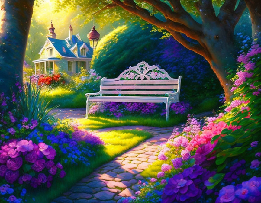 Serene garden scene with white bench, cobblestone path, lush flowers, house, sunlight.