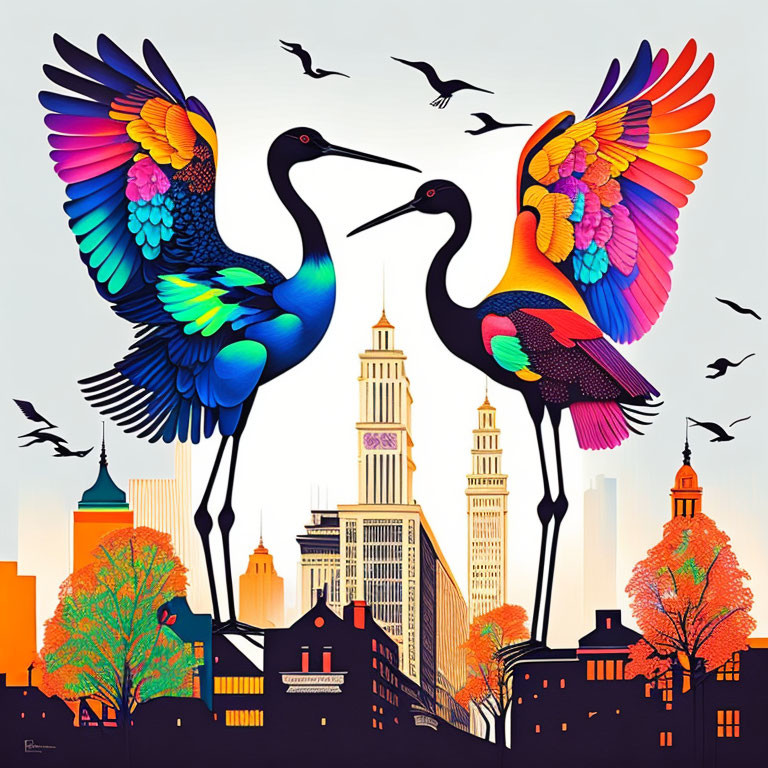 Vibrant crane illustration over cityscape with birds and autumn trees