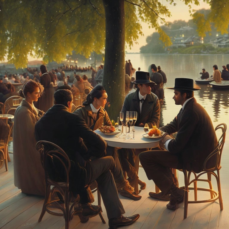 Historical outdoor dining scene at sunset by a tranquil river