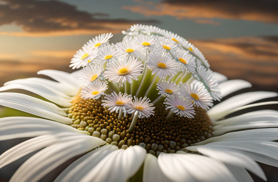 White daisy with smaller daisies on central disc against sunset sky