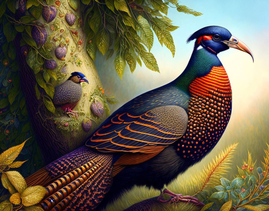 Colorful pheasant with intricate feathers in lush greenery.