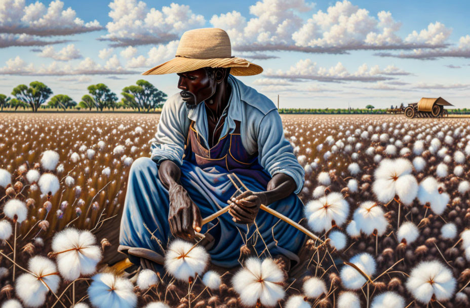 Person in wide-brimmed hat harvesting cotton in vast field