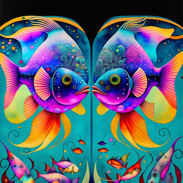 Symmetrical Fish Illustration with Colorful Sea Creatures