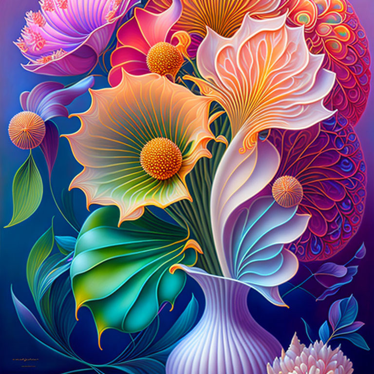 Colorful digital painting of stylized flowers in purples, blues, and oranges on deep blue