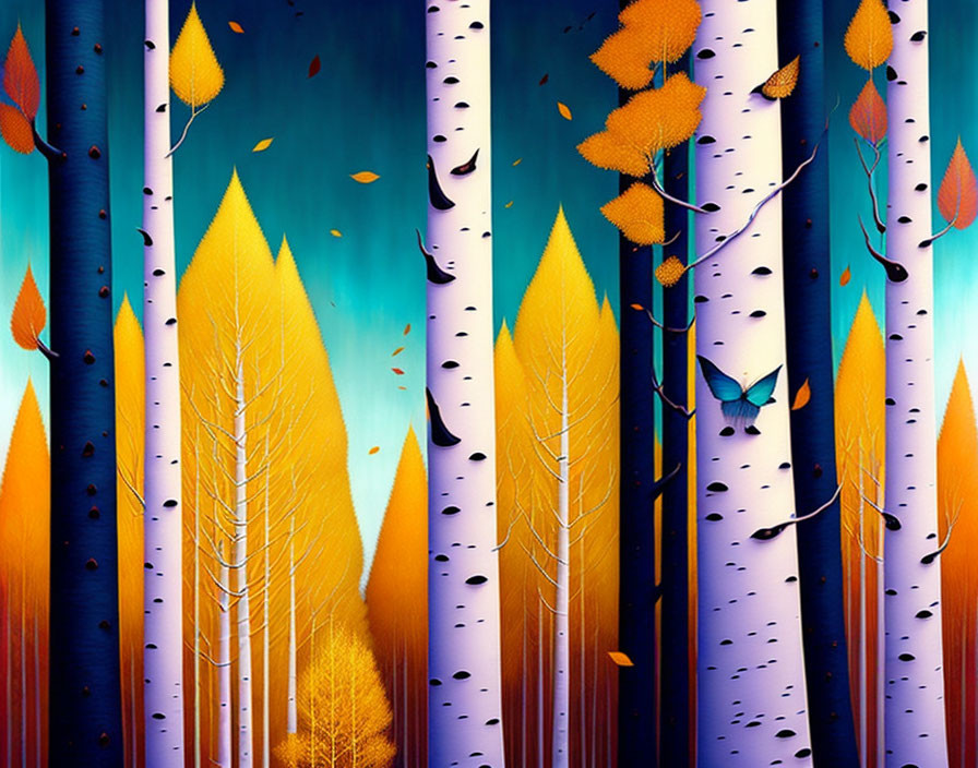 Stylized forest digital art with blue and white birch trees and golden yellow leaves