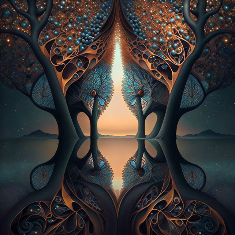 Symmetrical digital artwork of ornate tree-like structures against twilight sky