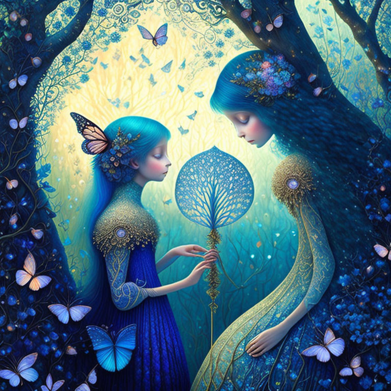 Ethereal figures with blue hair in mystical forest with butterflies.