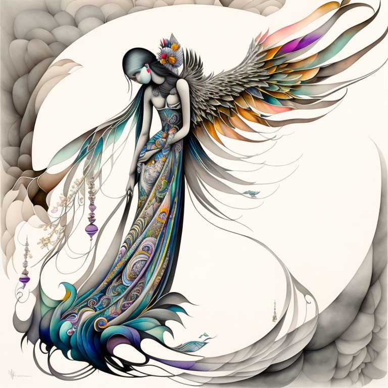 Colorful Peacock Winged Female Figure Illustration