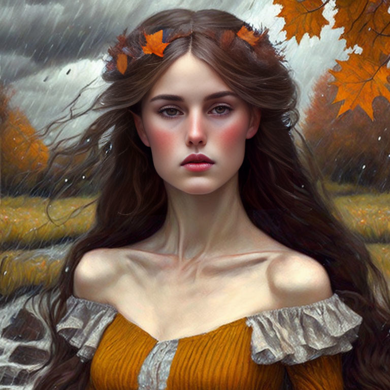 Woman with Fall Leaf Crown and Orange Dress in Autumnal Setting