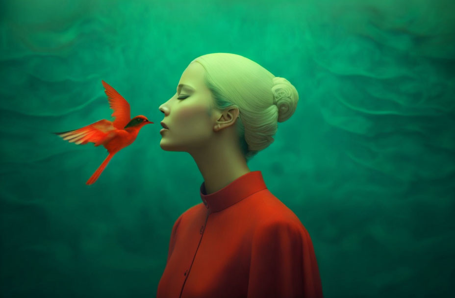 Pale-skinned woman in red outfit with white hair and red bird on green backdrop