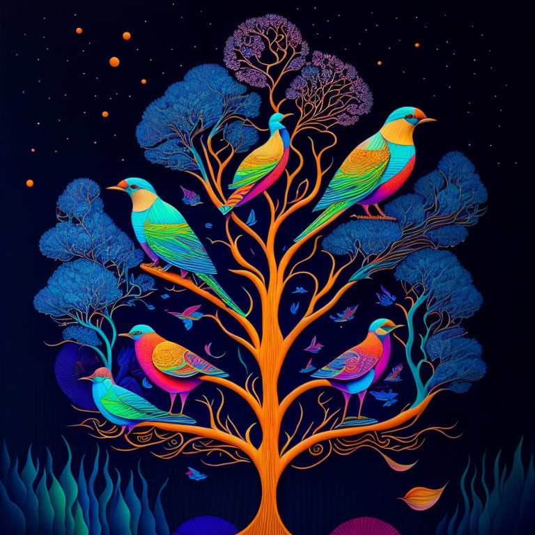 Colorful neon tree illustration with birds and star-like dots on dark background