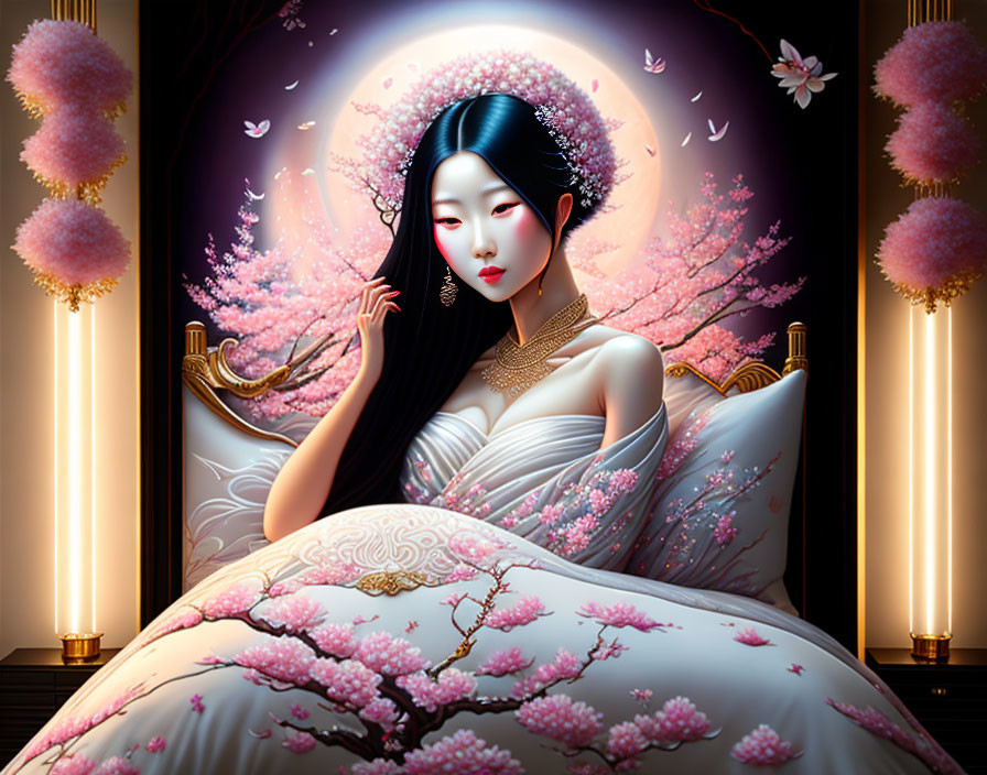 Digital illustration: Pale-skinned woman in traditional attire with dark hair, pink blossoms, glowing lantern