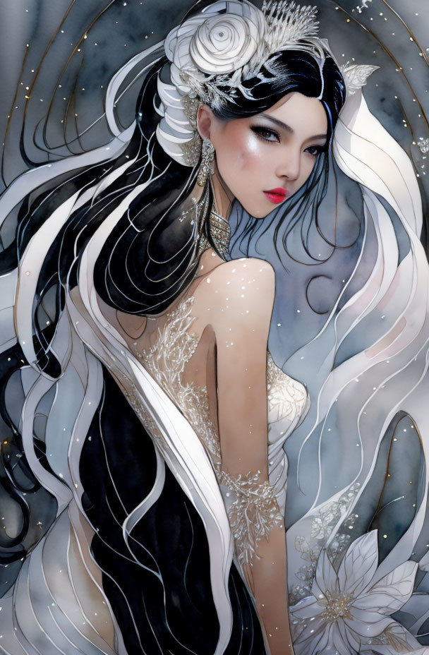 Detailed illustration: Woman with elaborate makeup and hairstyle against starry backdrop