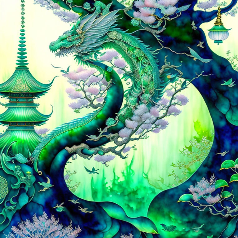 Colorful illustration of green dragon in mystical landscape with pagoda and glowing backdrop