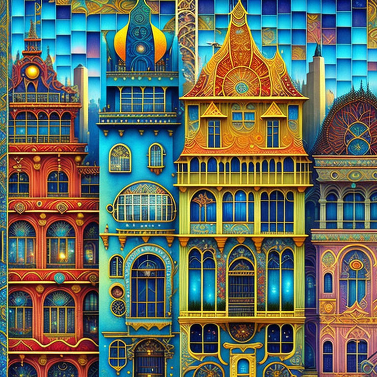 Colorful digital collage of whimsical fairy tale cityscape buildings