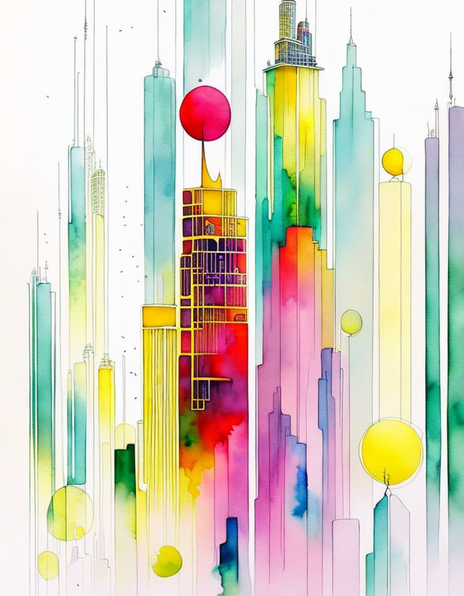 Vibrant Watercolor Cityscape with Floating Balloons