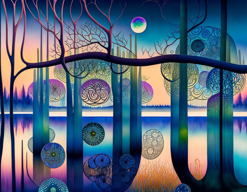 Whimsical artwork: Stylized trees, spiral patterns, moonlit sky