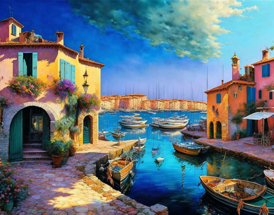 Colorful coastal village scene with boats, flowers, and cobblestone path