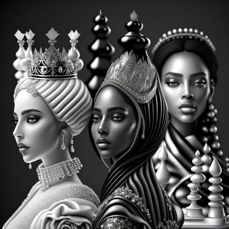 Stylized women with chess piece crowns on monochrome background