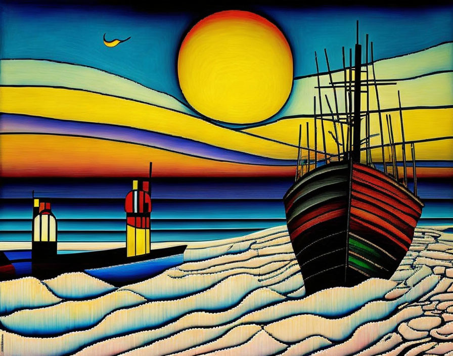 Colorful Sunset Painting: Boat with Striped Sails and Lighthouse