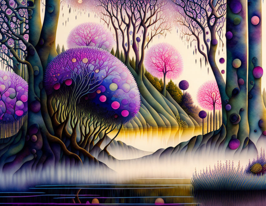 Colorful whimsical landscape with round trees, rolling hills, and serene lake.