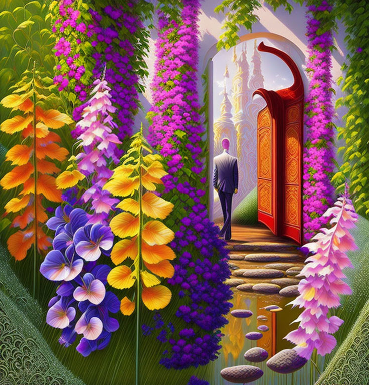 Colorful garden with oversized flowers and ornate door in vibrant setting.