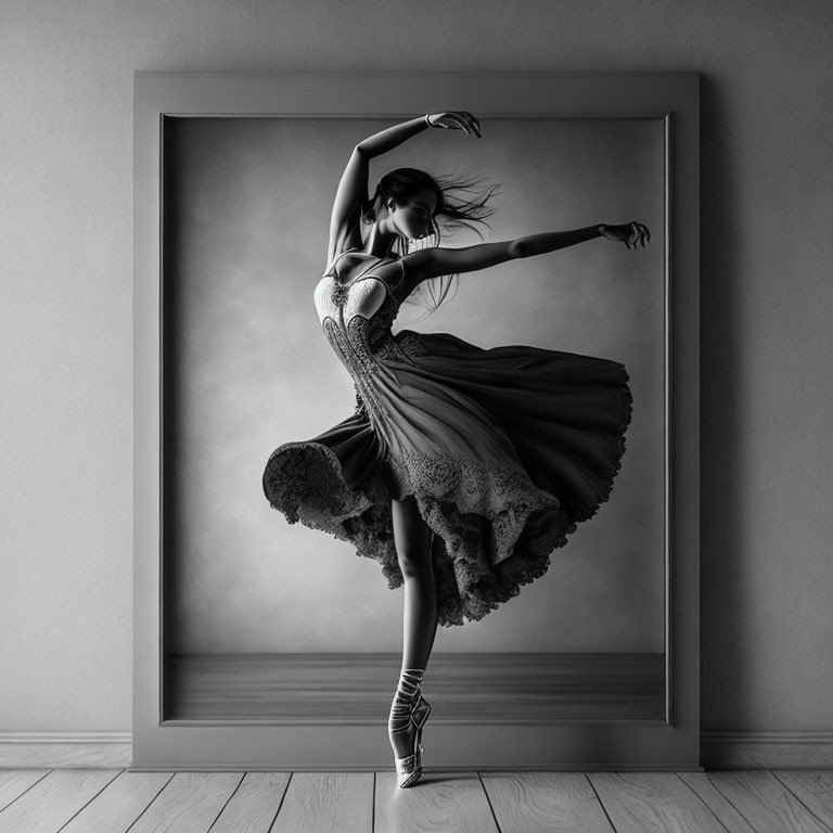 Elegant dancer mid-twirl in monochrome wall art