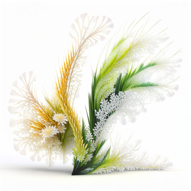 Stylized digital artwork of delicate feathery flora in white, green, and yellow hues