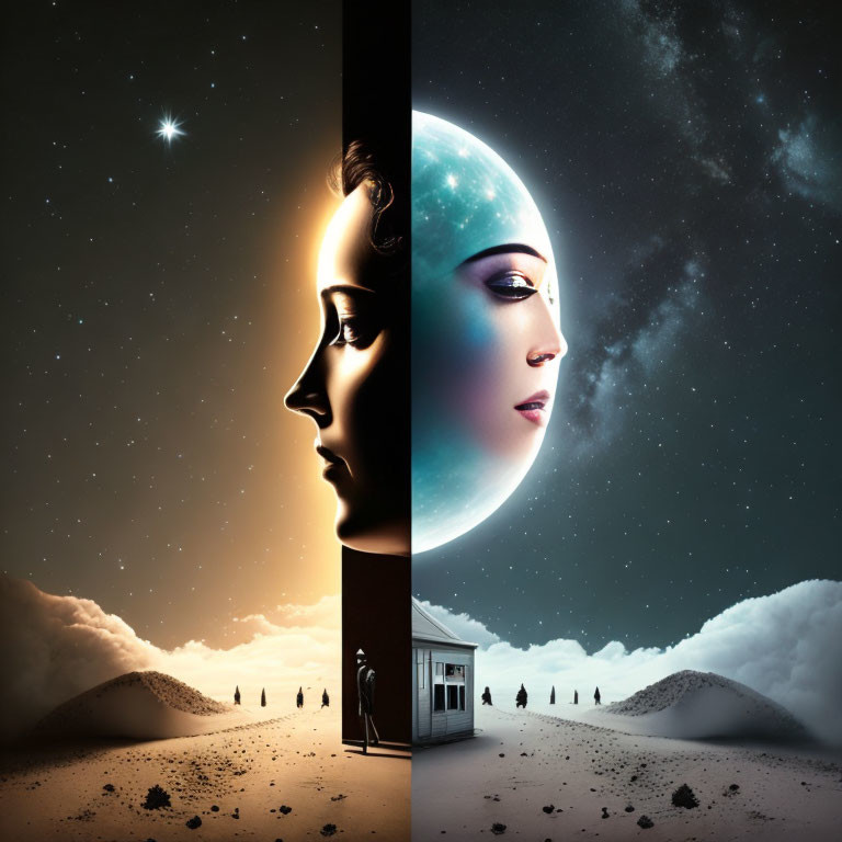 Dual surreal scenes: starry night with woman's profile beside moon over desert with silhouettes