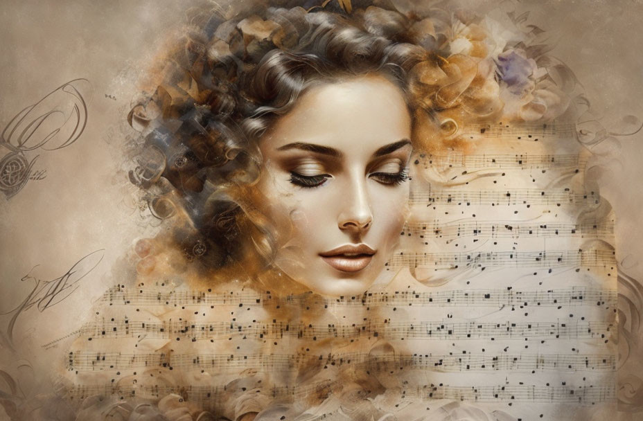 Digital artwork: Woman's face merges with musical notes on sepia-toned sheet, surrounded by sm