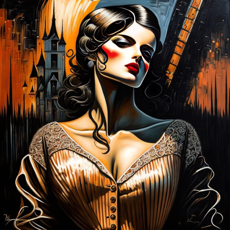 Stylized illustration of woman in red makeup & gold dress on gothic background