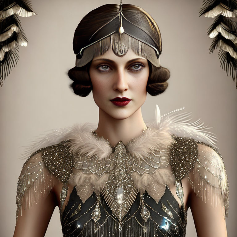 1920s-inspired woman in beaded dress with feather headband