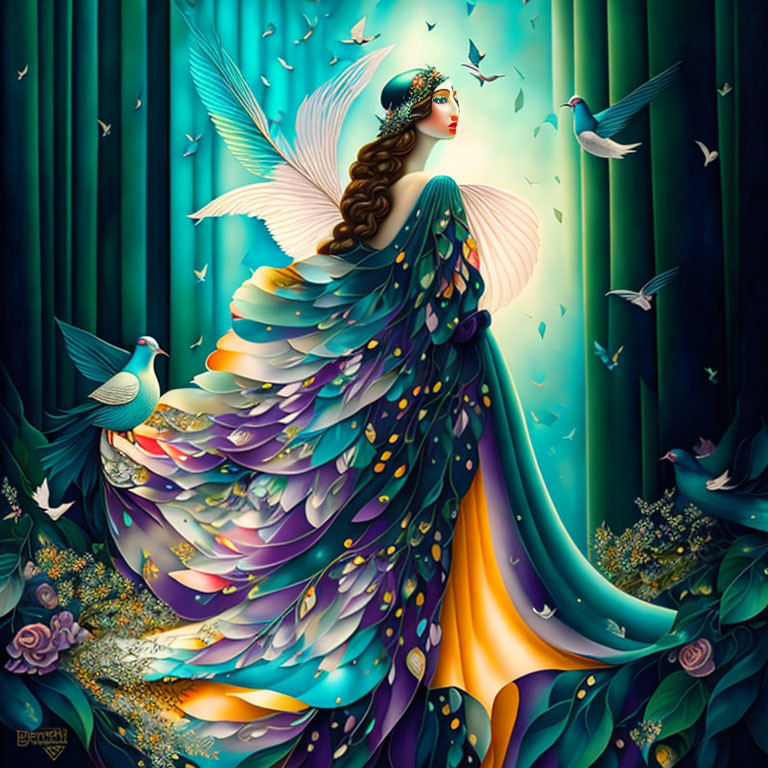 Illustration of woman with peacock feather wings in vibrant dress among flying birds