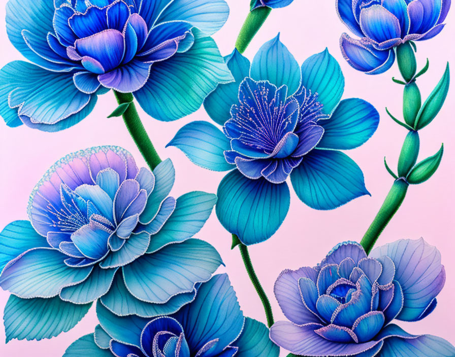 Detailed vibrant blue flowers on pink background