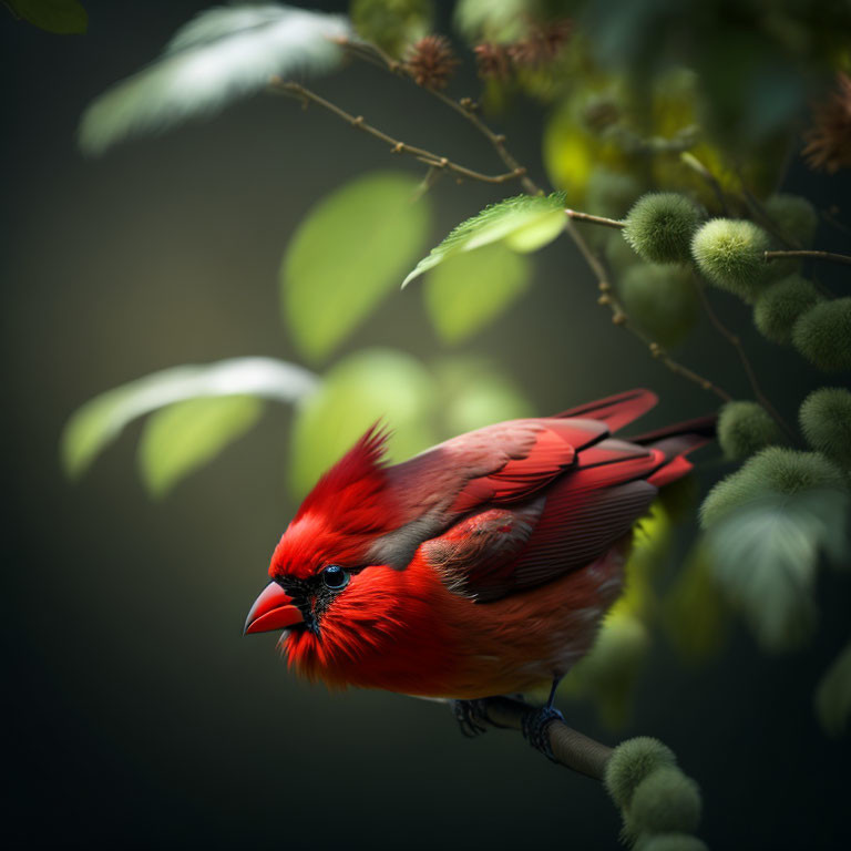 Vibrant red cardinal on branch with green leaves and seedpods