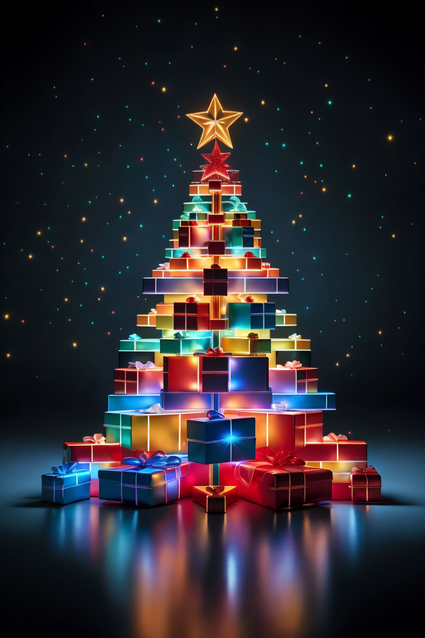 Colorful illuminated gift boxes form glowing Christmas tree on dark background